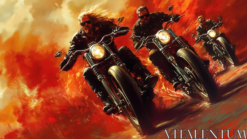Dynamic digital painting of bikers in blazing motion field.
