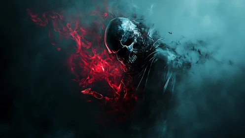 Flaming skull specter emerges through cyan toxic fog.