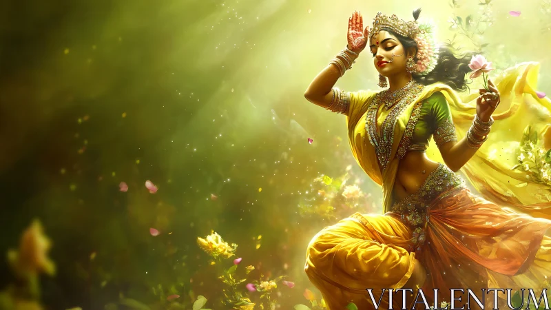 Divine dancer in radiant golden light with floral motion.