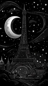 Monochrome Eiffel Tower under crescent moonlit Parisian sky