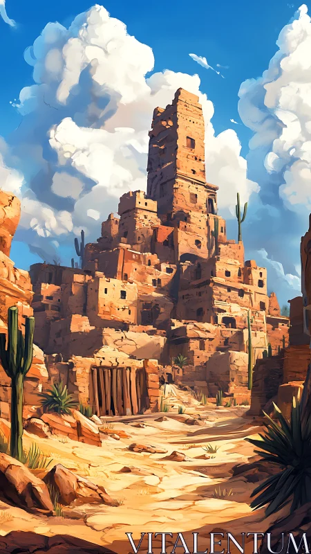 Sunlit desert cliff dwelling ruins under towering cumulus clouds