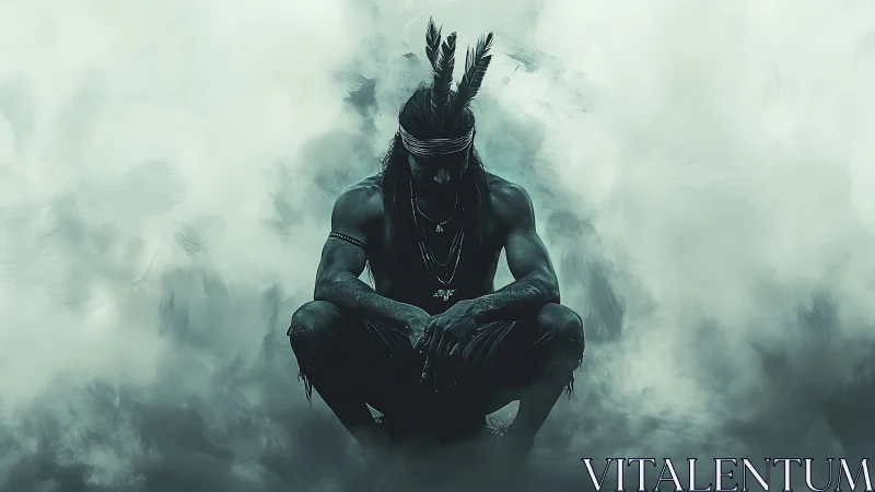 Mystic warrior crouched in ethereal smoke-filled void.