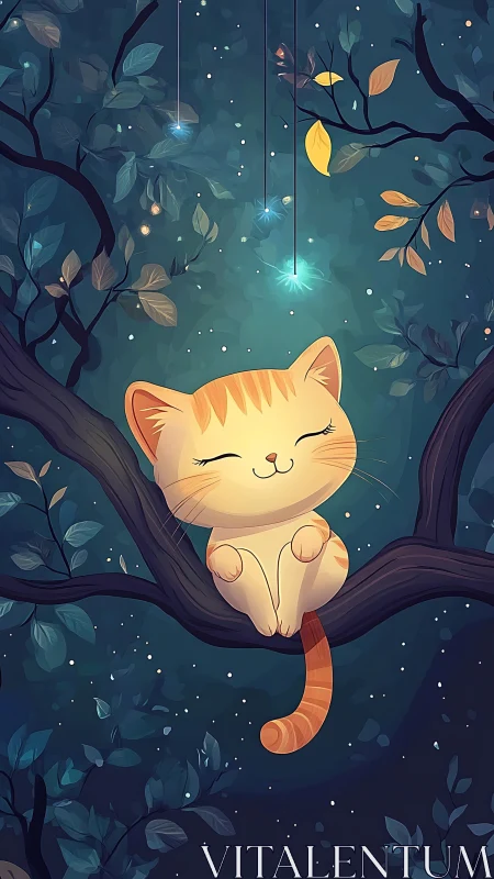 Serene Cat Resting on Tree Branch in Enchanted Night Forest.
