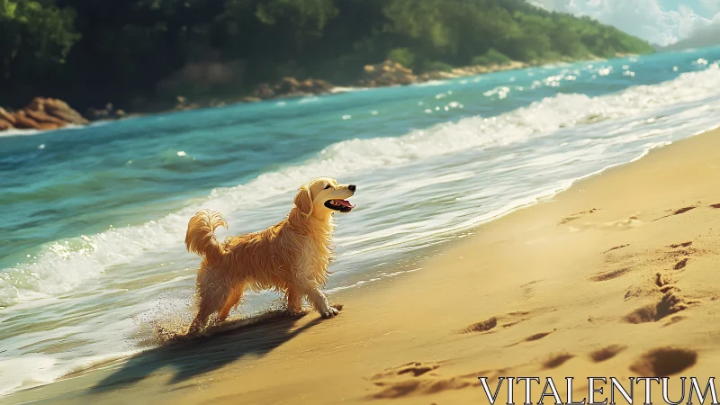 Golden retriever walking along shoreline on sunny beach.