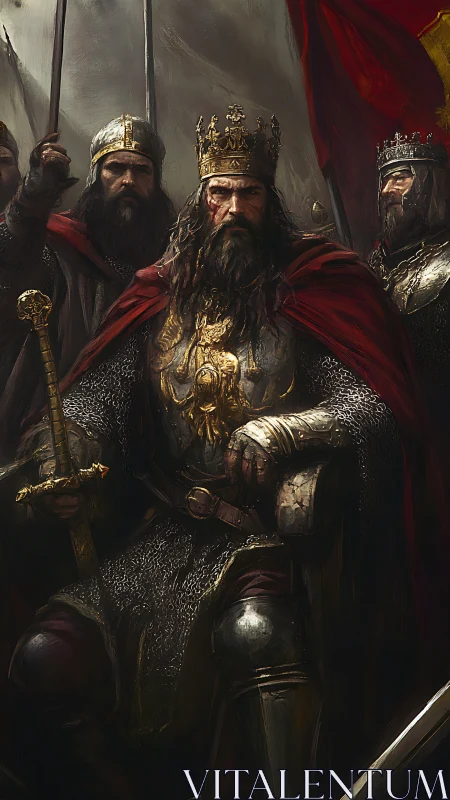 Battle-weary iron king broods beneath a crimson war banner.