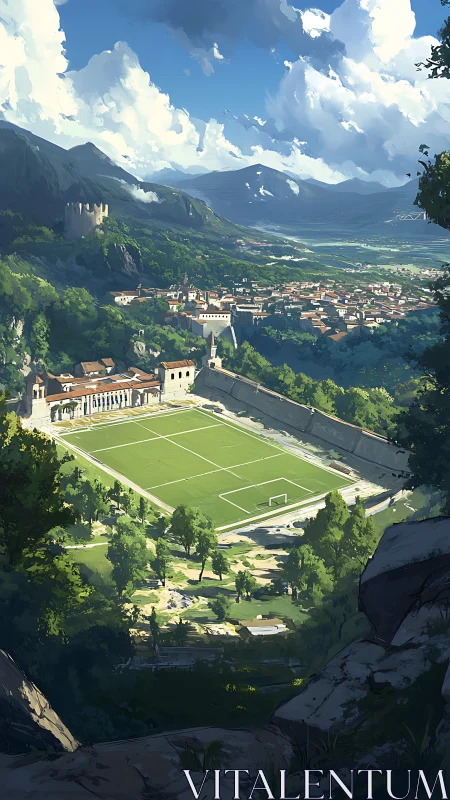 Sunlit mountain valley frames a peaceful hilltop stadium