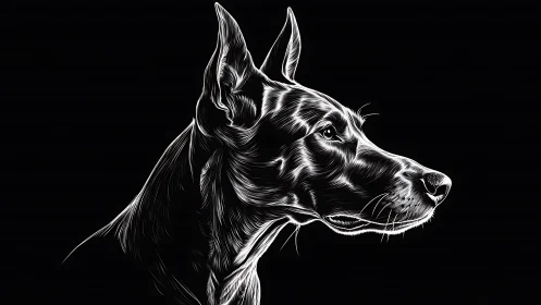 Monochrome line-art profile of alert Doberman dog head