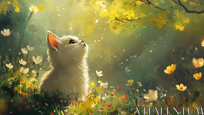 Backlit kitten studies dappled sunlight in soft-focus wildflower meadow