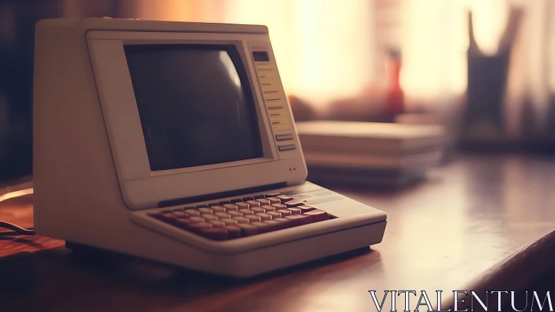 Retro computer glows softly on a warmly lit wooden desk.