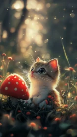 Digital painting of kitten and toadstool in enchanted bokeh light.