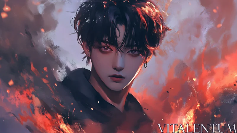 Fiery-eyed youth emerges from swirling digital flames.