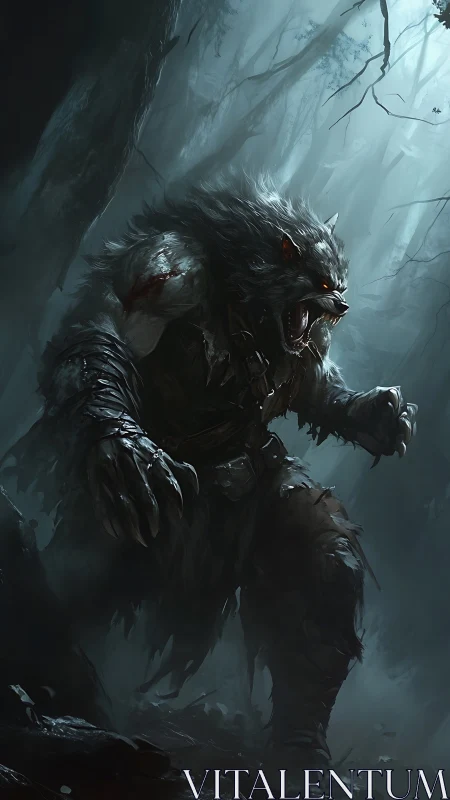 Brooding werewolf guardian prowl&shy;ing through a misty forest.