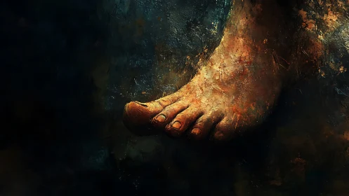 Weathered bare foot glowing softly in painterly light.