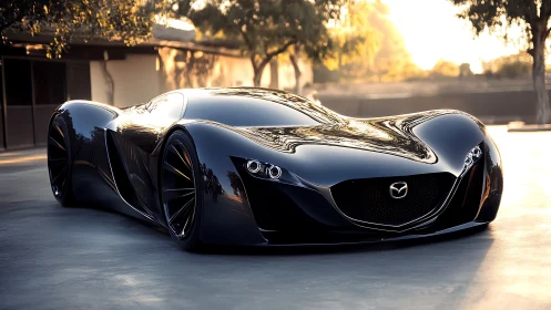 Futuristic black Mazda concept car gleams in warm sunset light