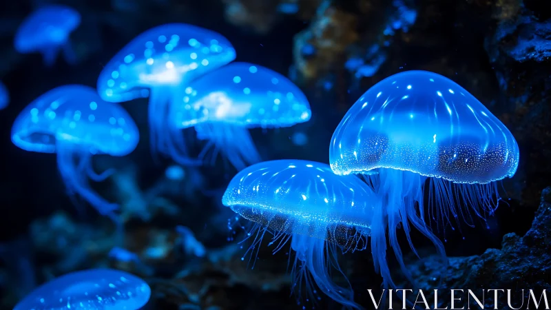 Gentle blue jellyfish drifting through a glowing ocean night.