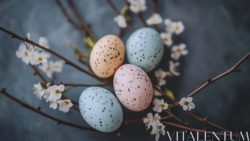 Pastel speckled eggs trade secrets with shy spring blossoms