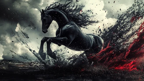 Kinetic black stallion bursting through liquid shadow field.