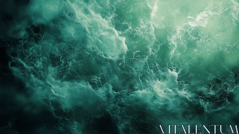 Turbulent teal ocean surface presents swirling foam patterns