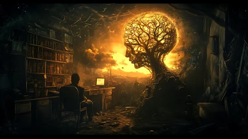 Luminescent arborial skull mindscape beside digital scholar.