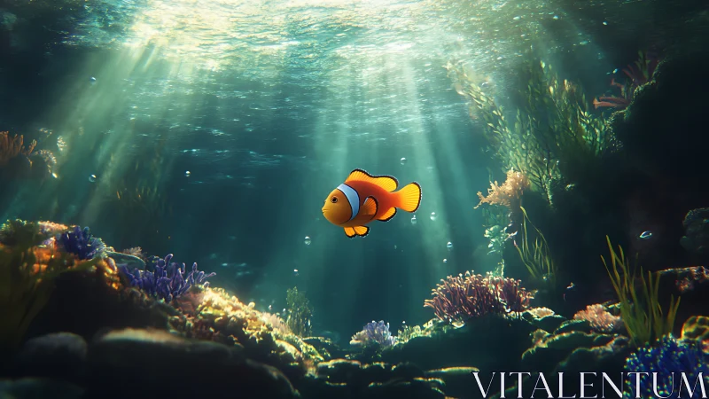 Sunlit clownfish glides gently through a glowing coral reef