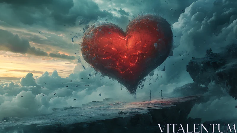 Glowing Heart Floats Through Celestial Clouds and Misty Cliffs