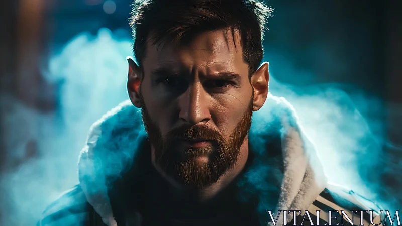 Male subject in hooded jacket amid blue atmospheric haze.