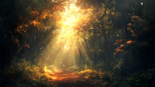 Sunlit autumn forest path under radiant golden canopy.