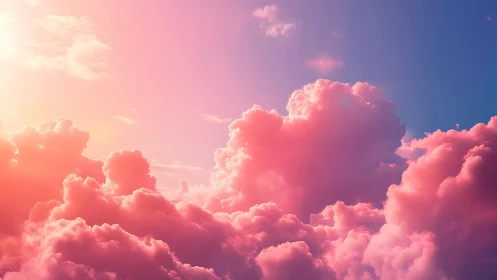 Sunlit pink cumulus clouds glow against clear blue sky