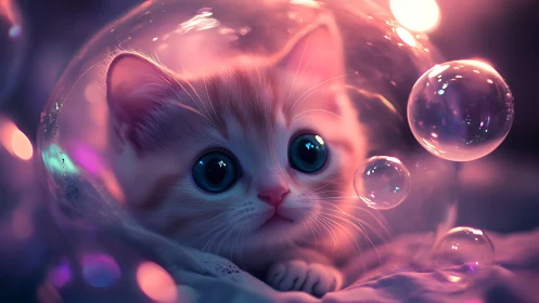 Luminescent Feline Portrait in Iridescent Bubble Environment