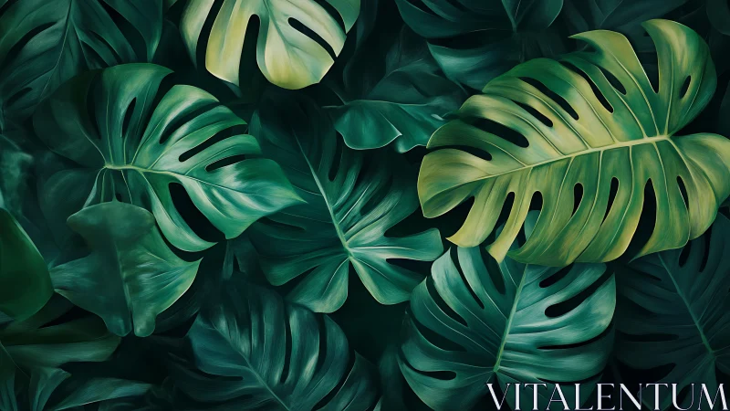Tropical monstera leaves overlap in deep emerald shadow.