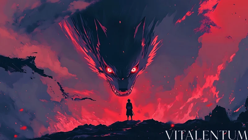 Solitary warrior confronting colossal spectral fox in flames