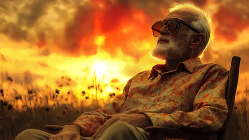 Elderly man seated in field under intense sunset sky.