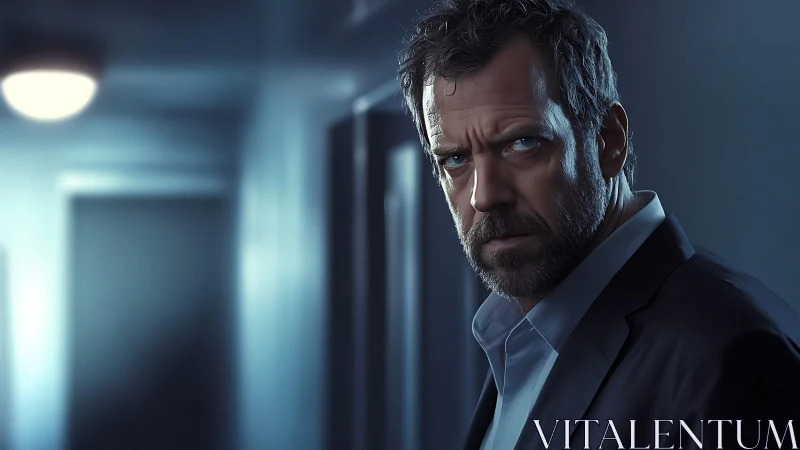 Moody middle aged man in dim corridor with cinematic lighting