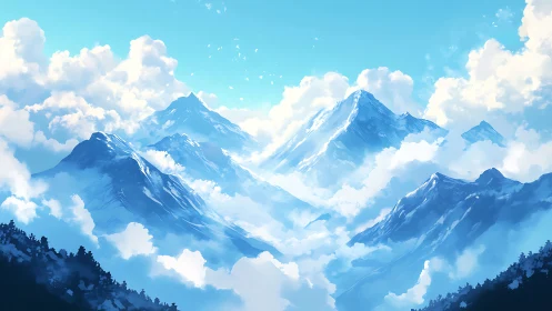 Layered alpine peaks emerge through volumetric cumulus clouds