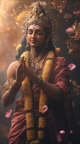 Serene divine figure in golden light and drifting petals.