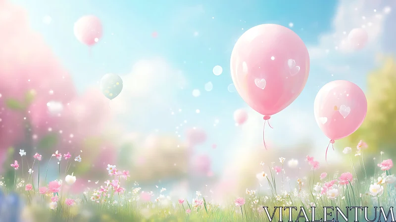 Pink heart balloons drift above soft spring flower meadow