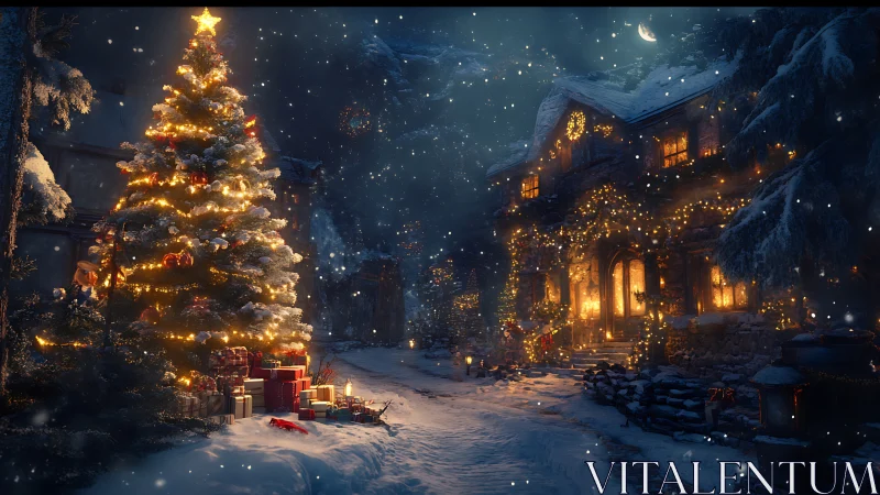 Snowy village house shows illuminated Christmas tree outside