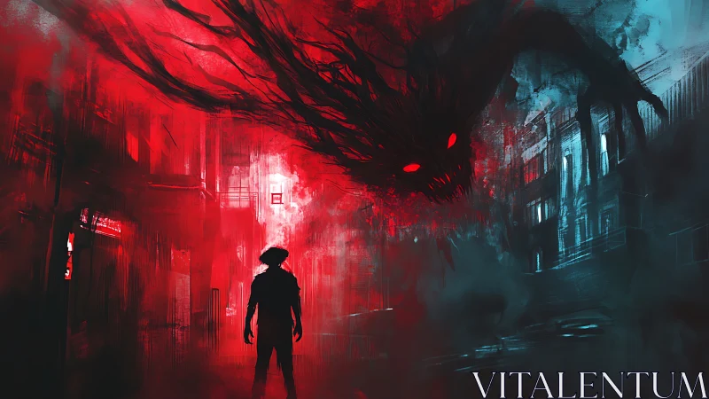 Shadow entity engulfs neon alleyway in high-contrast cyber horror