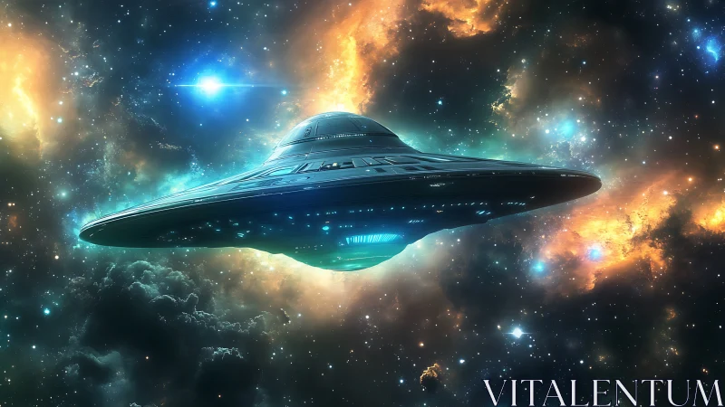 Futuristic UFO starship gliding through colorful nebulae.