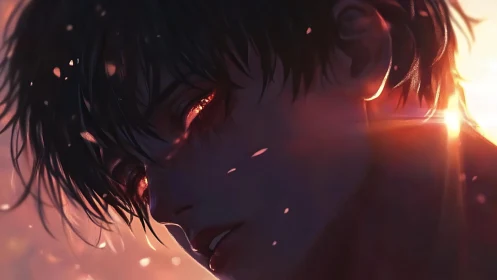 Backlit portrait isolates ember-like eyes with high contrast glow