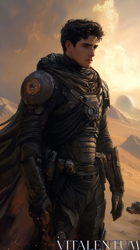 Armored desert explorer standing in windswept dunes.