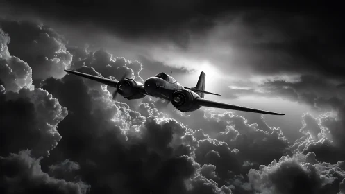 Monochrome twin‑engine propeller aircraft cutting storm clouds