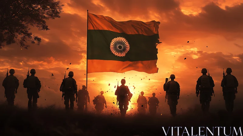 Indian soldiers march under sunset flaglit battlefield sky.