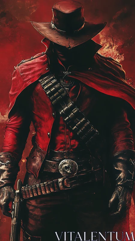 Scarlet gunslinger strides from the blaze with quiet fury