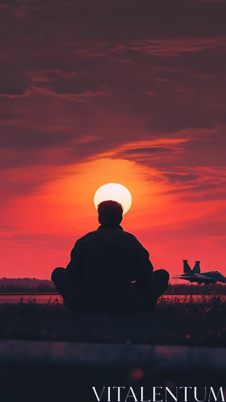 Silhouetted observer aligns with sunset disk near airfield runway