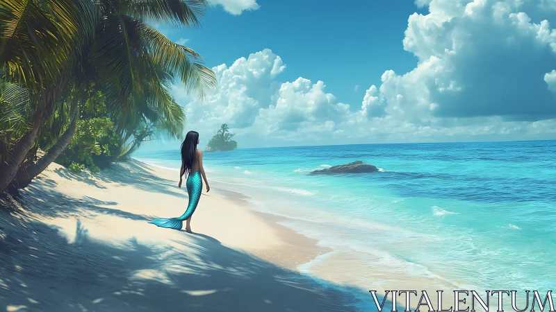 Mermaid silhouette on sunlit tropical shoreline in azure light.