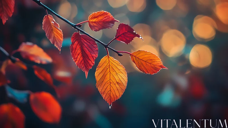 Autumn leaves glow against dreamy golden bokeh background.