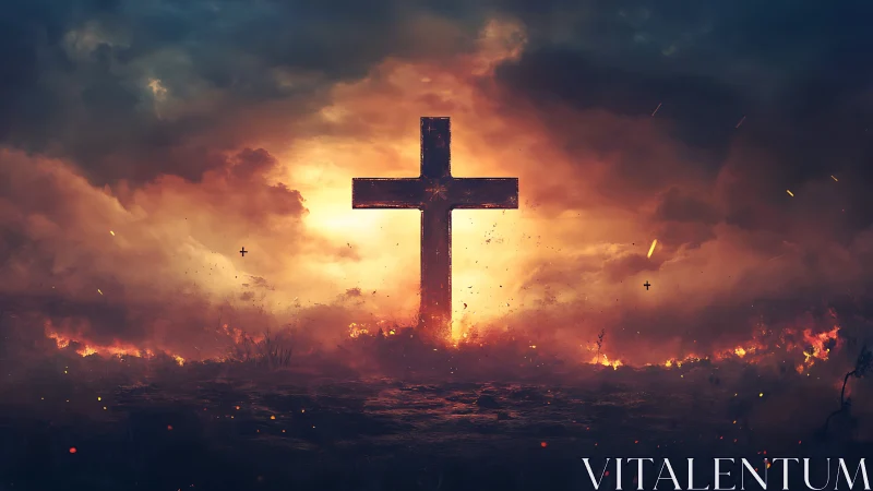 Cross silhouette against fiery sky and darkened horizon.