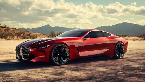 Photorealistic red concept coupé in sunlit desert setting.