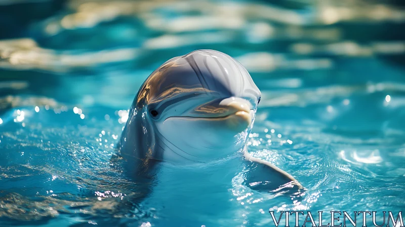 Single dolphin at water surface in controlled pool environment.